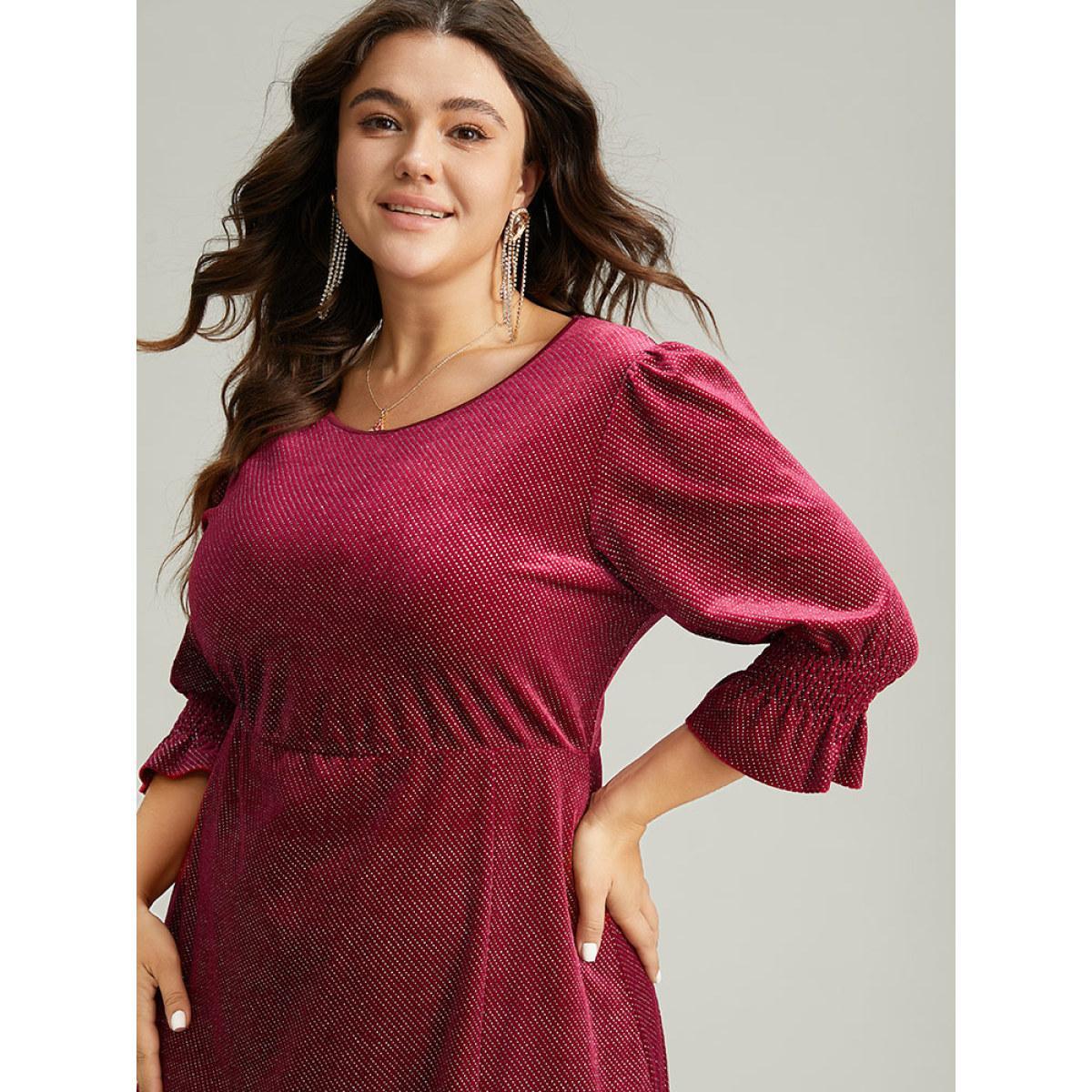 Plus Size Plain Velvet Glitter Split Hem Shirred Dress Scarlet Women Glamour Velvet Round Neck Half Sleeve Curvy Midi Dress BloomChic 14-16/1X Product Image