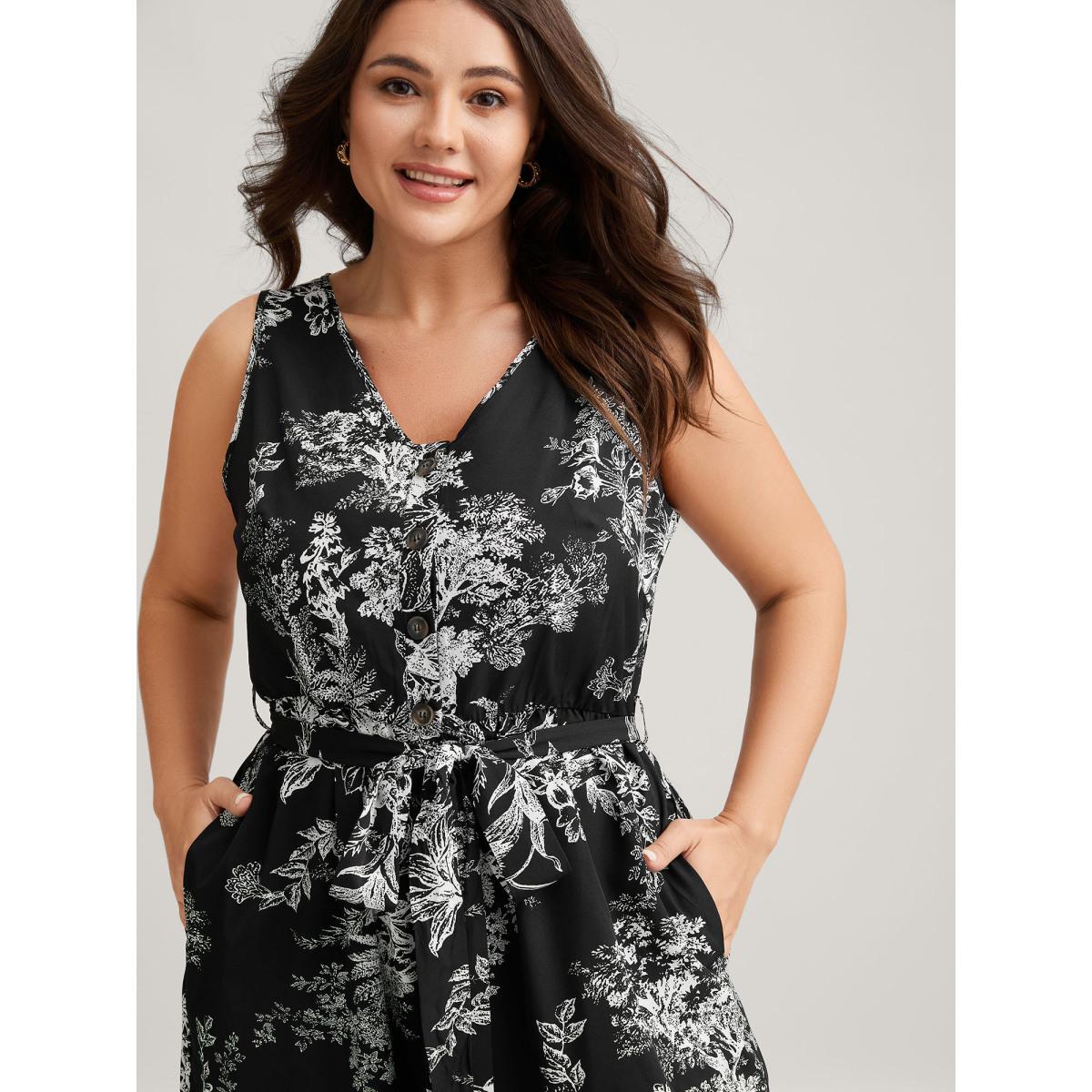 Plus Size Black Monochrome Floral Buttons Pockets Jumpsuit Women Sleeveless V-neck Everyday-Elegant Loose Jumpsuits BloomChic 26/4X Product Image