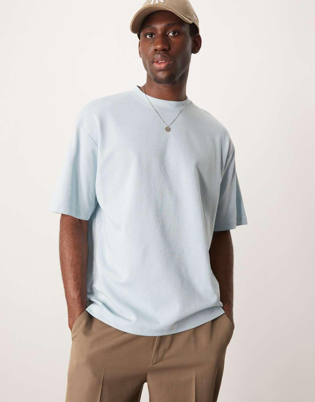 Selected Homme oversized heavy weight T-shirt in light blue Product Image