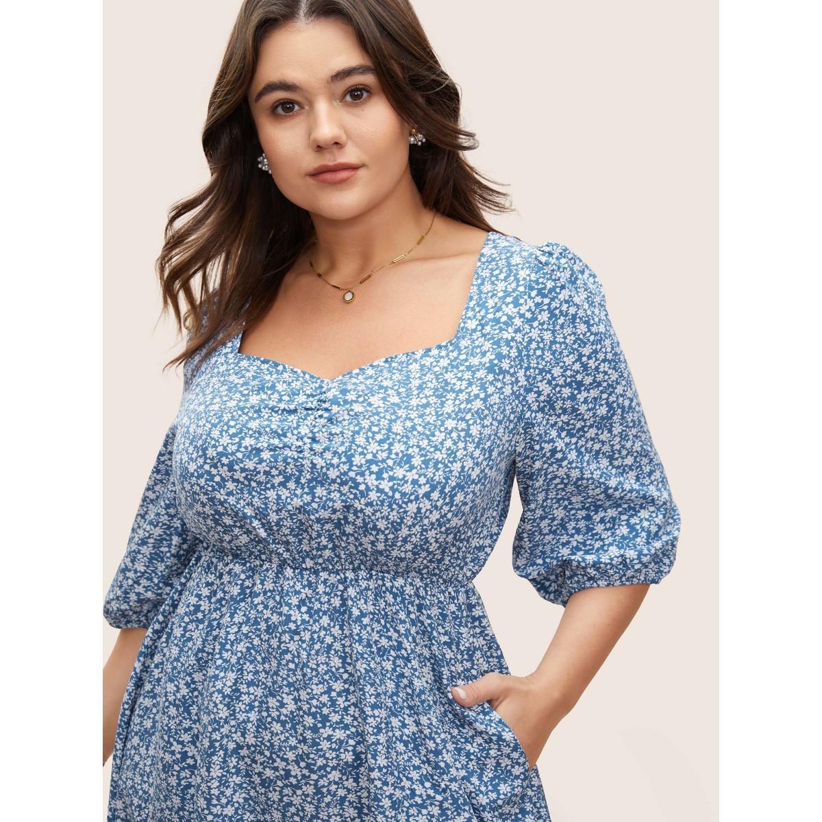 Plus Size Ditsy Floral Print Square Neck Split Hem Dress Cerulean Women Elegant Non Square Neck Elbow-length sleeve Curvy Midi Dress BloomChic 28/5X Product Image