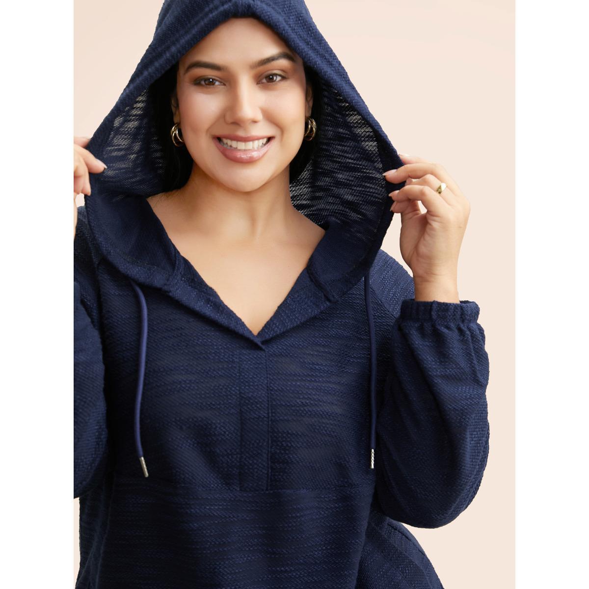 Plus Size Texture Drawstring Pocket Hooded Sweatshirt Women DarkBlue Casual Texture Loose Hooded Everyday Sweatshirts BloomChic 26/4X Product Image