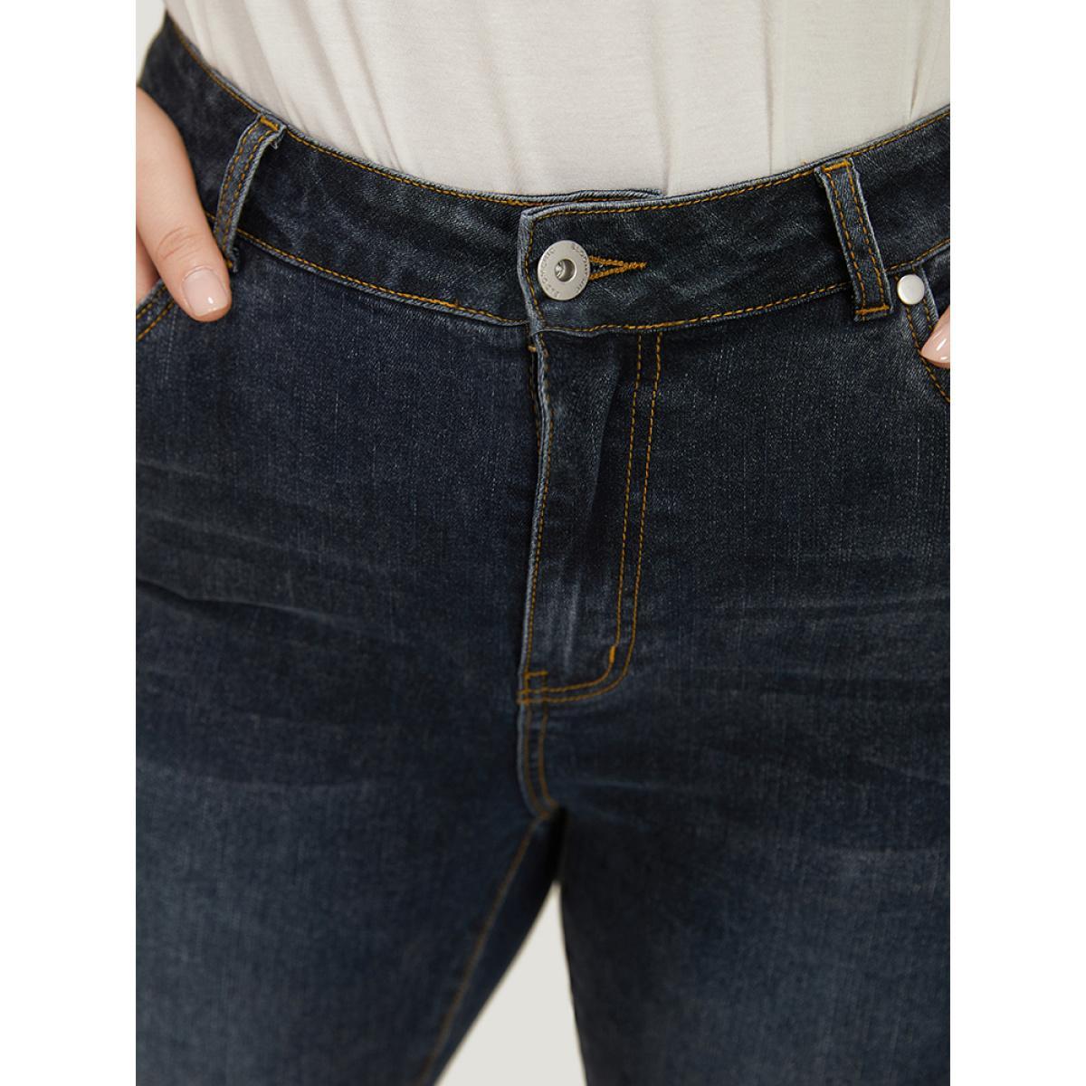 Plus Size Very Stretchy Split Hem Medium Wash Jeans Women Indigo Casual Plain Slit High stretch Pocket Jeans BloomChic 28/5X Product Image