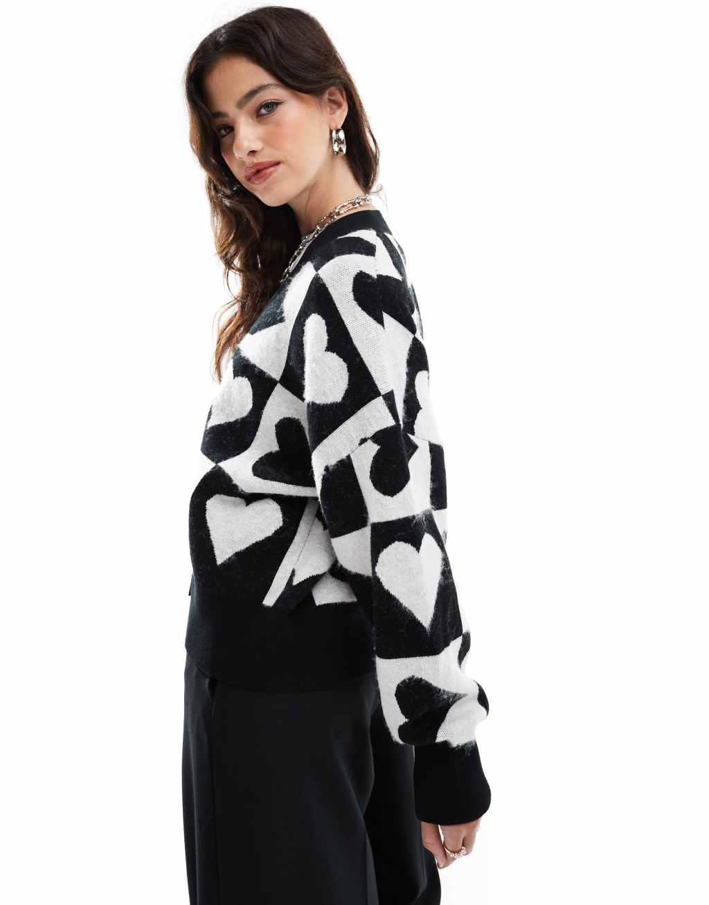 French Connection knitted cardigan with love hearts in black and white Product Image