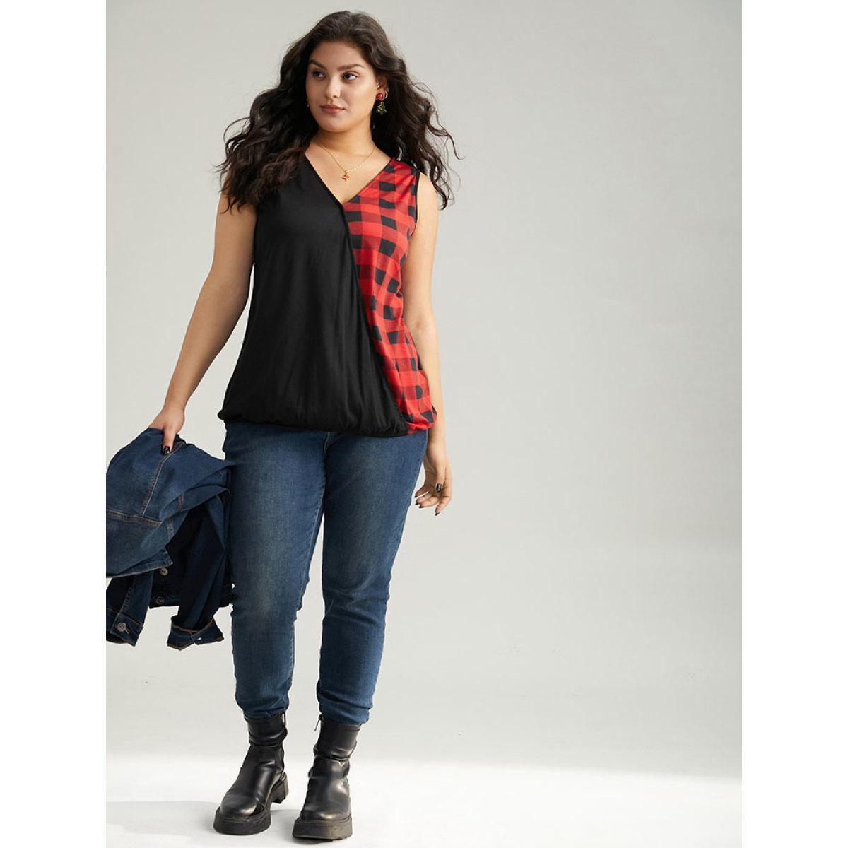 Plus Size V Neck Plaid Patchwork Contrast Tank Top Women Black Casual Contrast V-neck Festival-Christmas Tank Tops Camis BloomChic 12/L Product Image