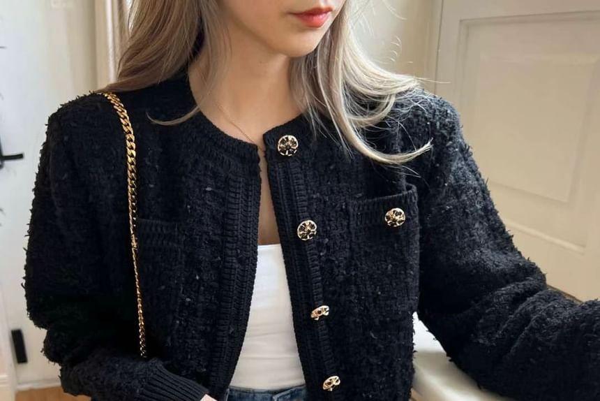 Crew Neck Plain Pocket Detail Cardigan Product Image