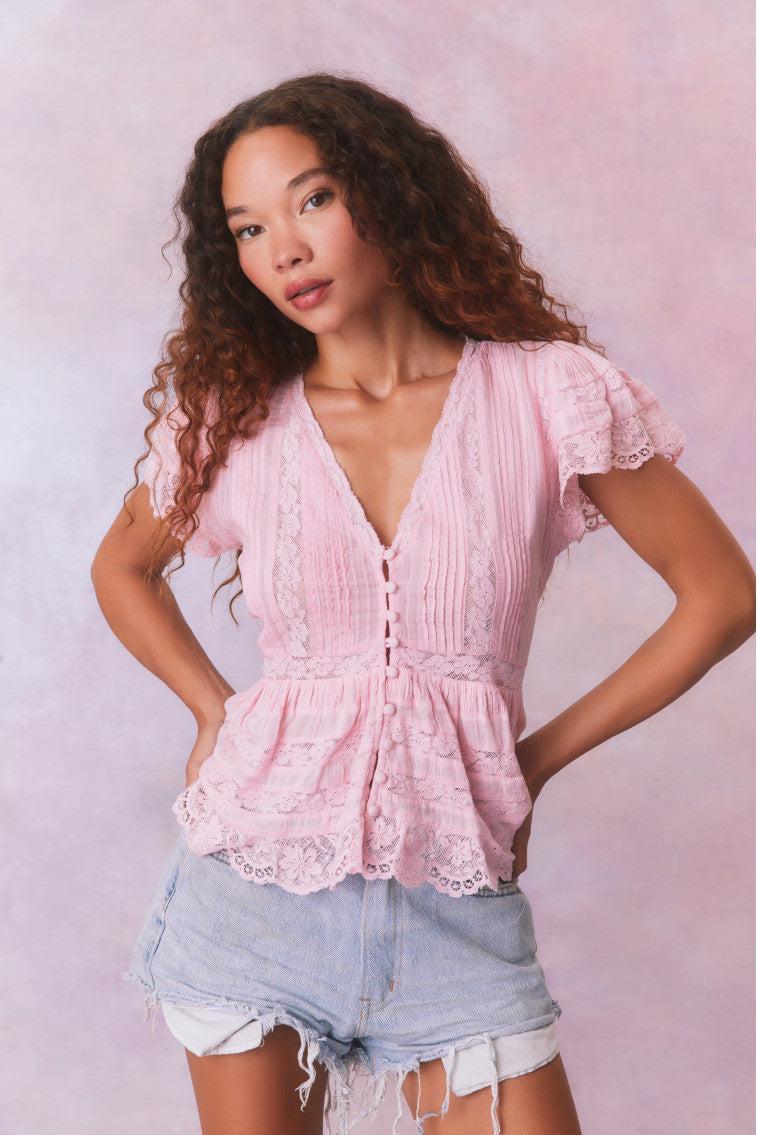 Quinella Cotton Peplum V-Neck Button-Down Blouse Product Image