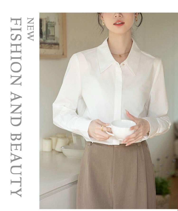 Long Sleeve Lapel Collar Plain Button Shirt Product Image