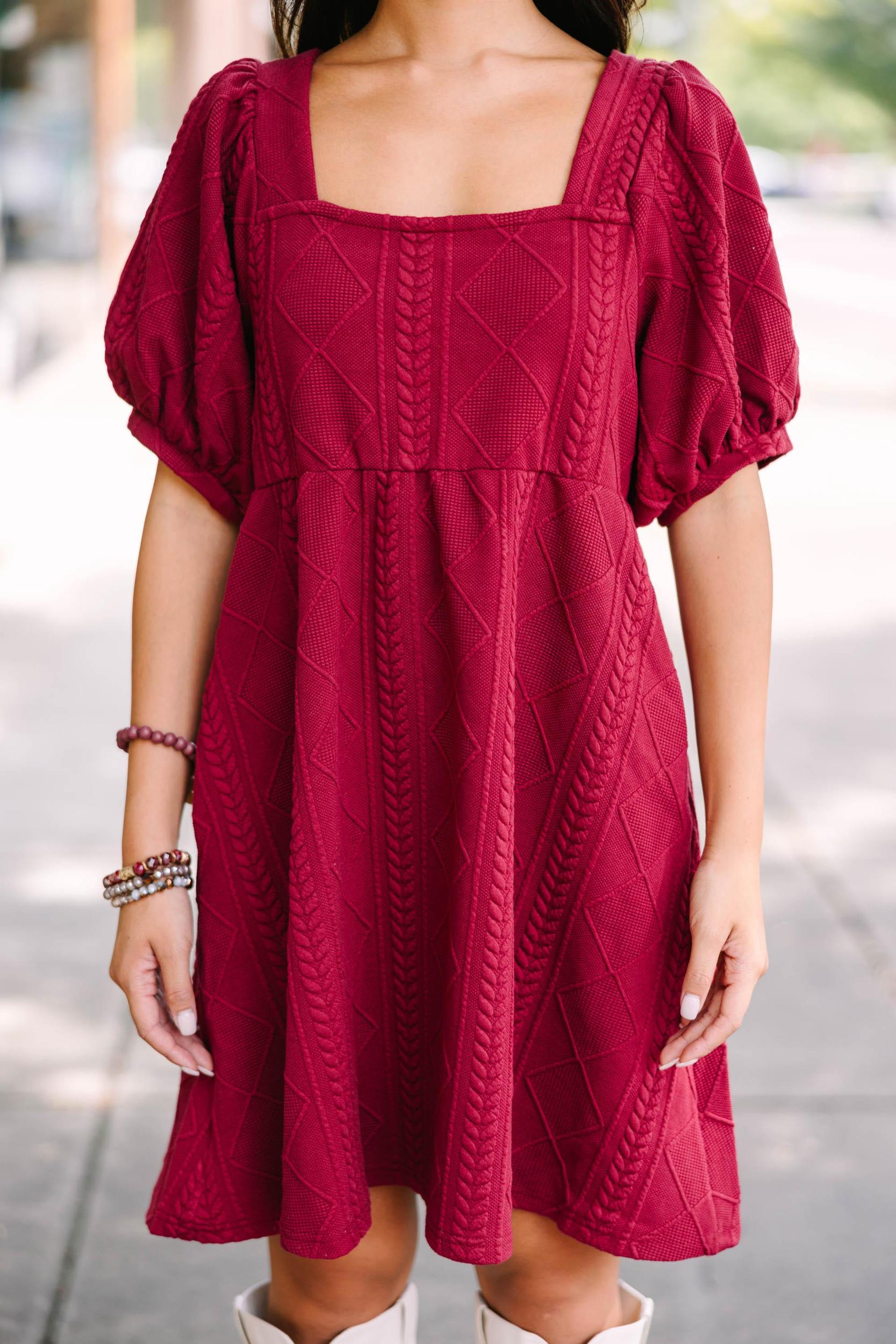 On Your Team Wine Red Cable Knit Babydoll Dress Female Product Image