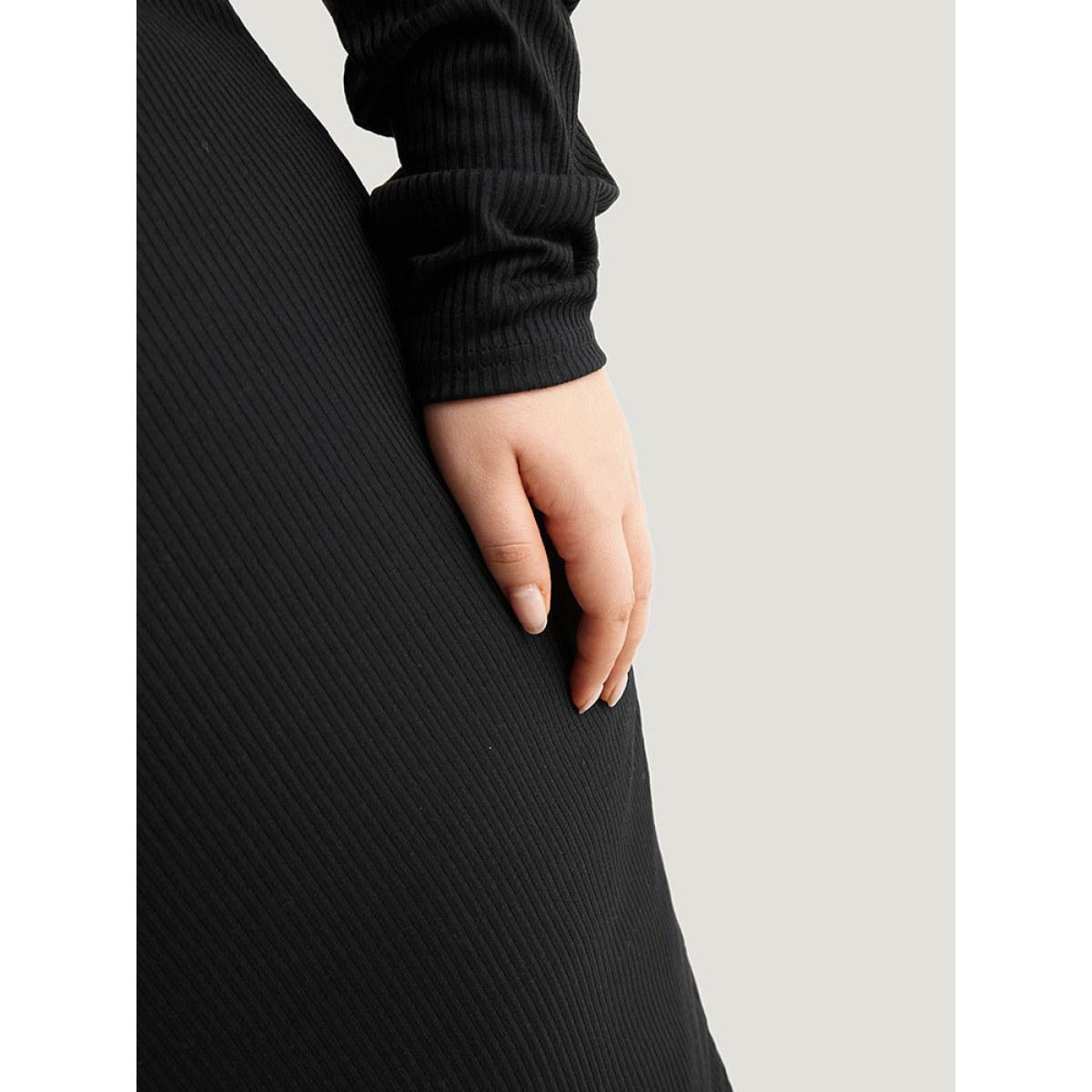 Plus Size Plain Rib Knit Metal Detail Cami Dress Black Women Casual Texture Spaghetti Strap Long Sleeve Curvy Knee Dress BloomChic 26/4X Product Image