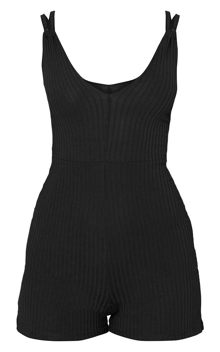 Black Double Strap Rib Plunge Romper Product Image