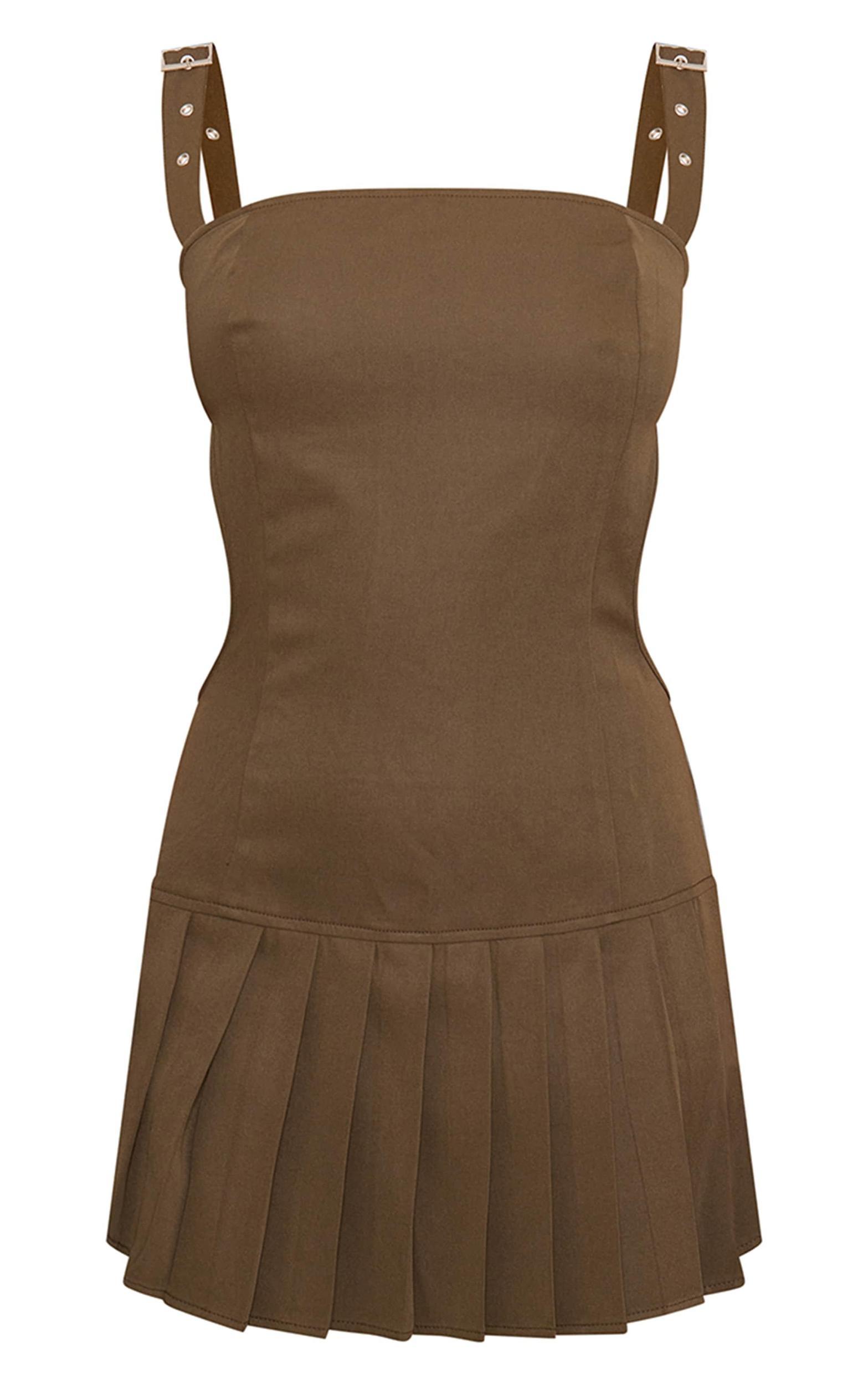 Petite Khaki Strappy Cut Out Back Pleated Mini Dress Product Image