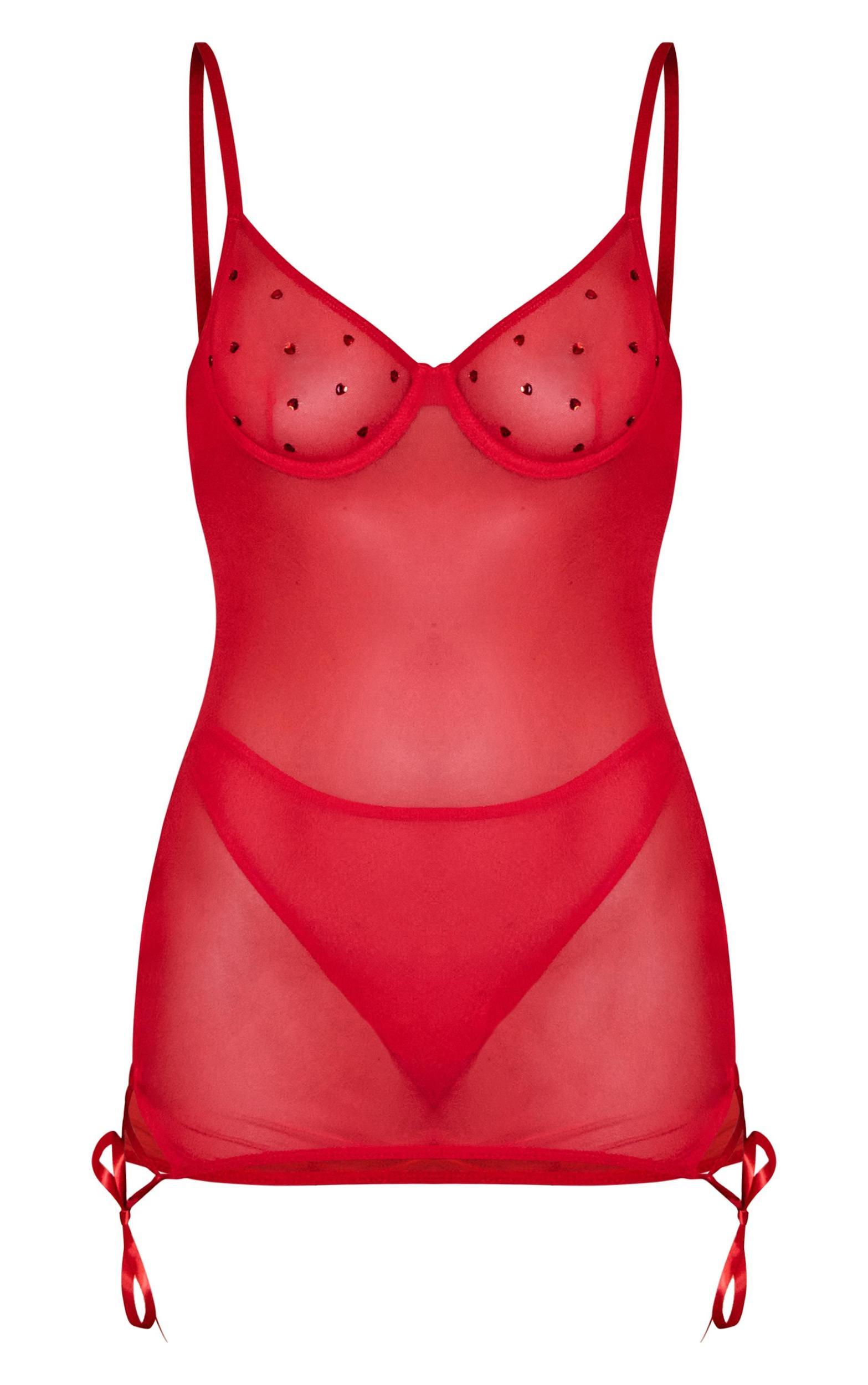 Red Mesh Diamante Heart Underwired Lace Up Slip Dress Product Image