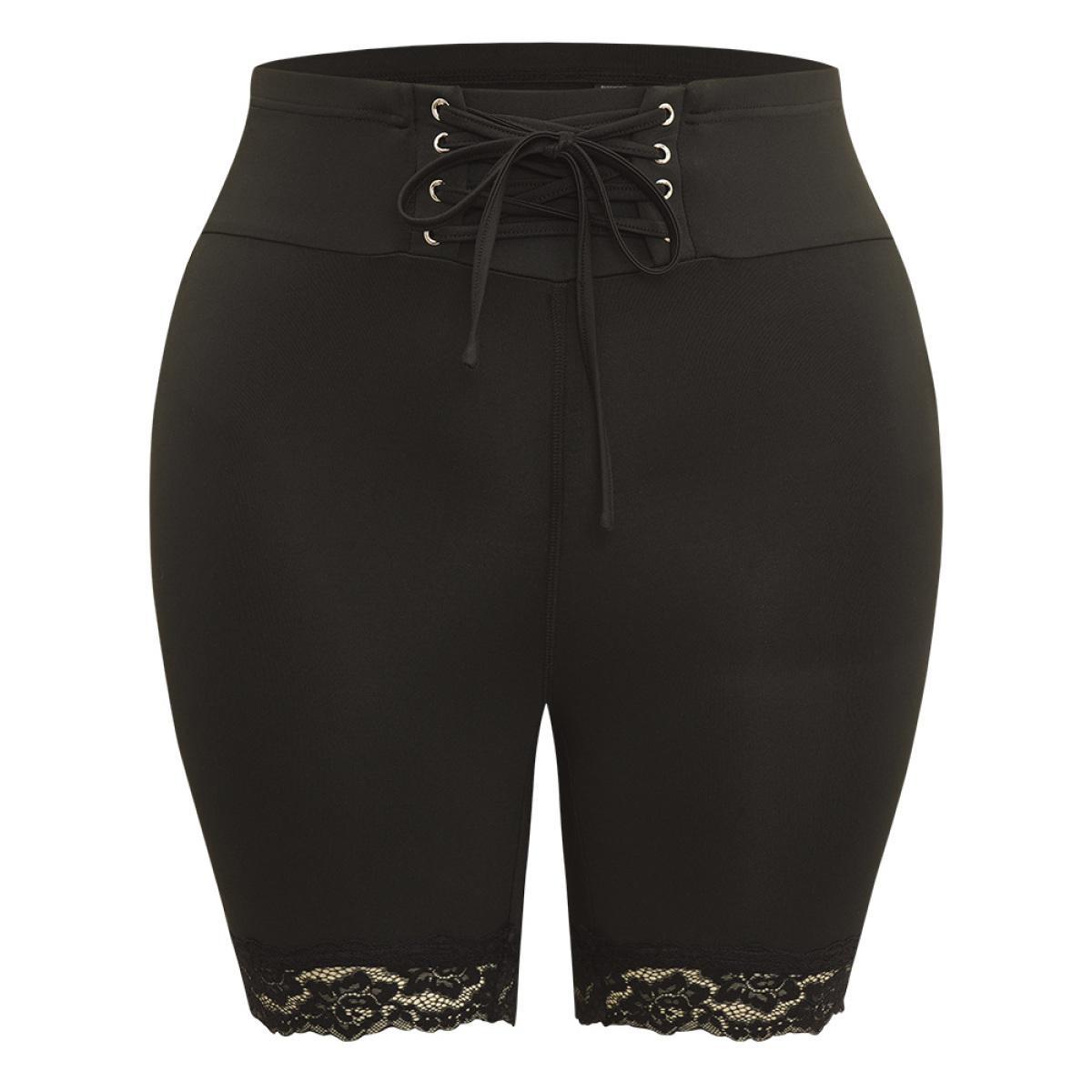 Plus Size Solid Lace Up Guipure Lace Leggings Women Black Casual High stretch Skinny Mid Rise Dailywear Leggings BloomChic 14-16/1X Product Image