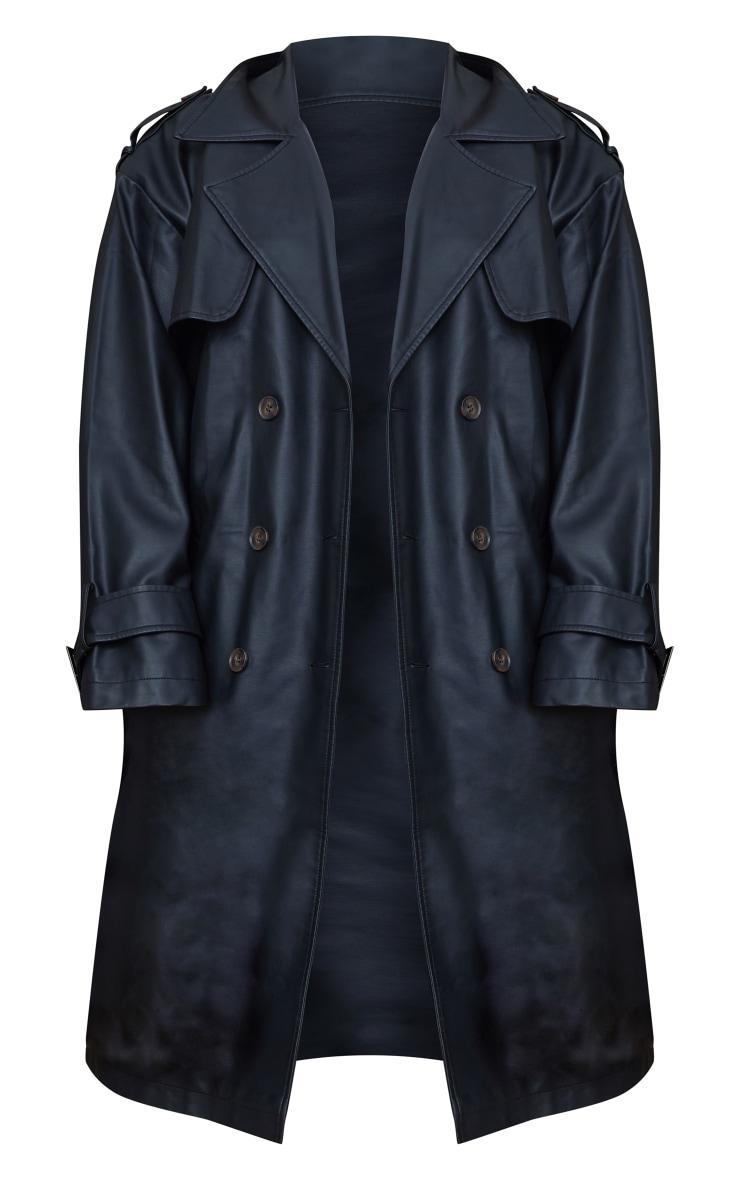 Plus Black Faux Leather Statement Buckle Trench Coat Product Image