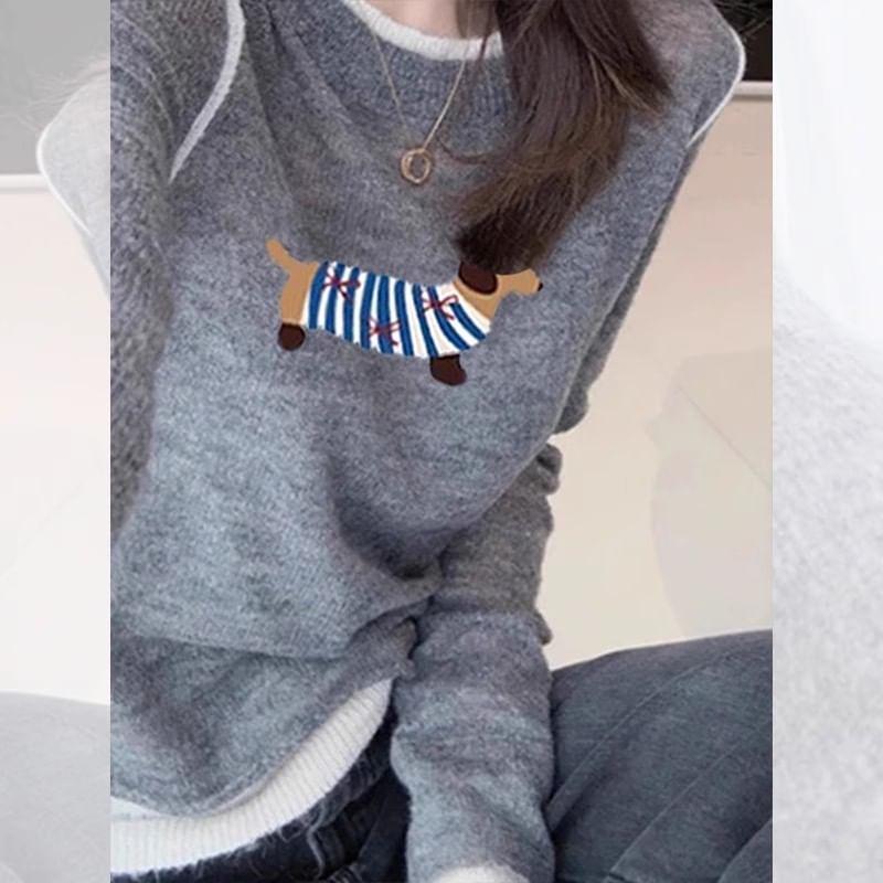 Long-Sleeve Round Neck Dog Print Contrast Trim Knit Top Product Image