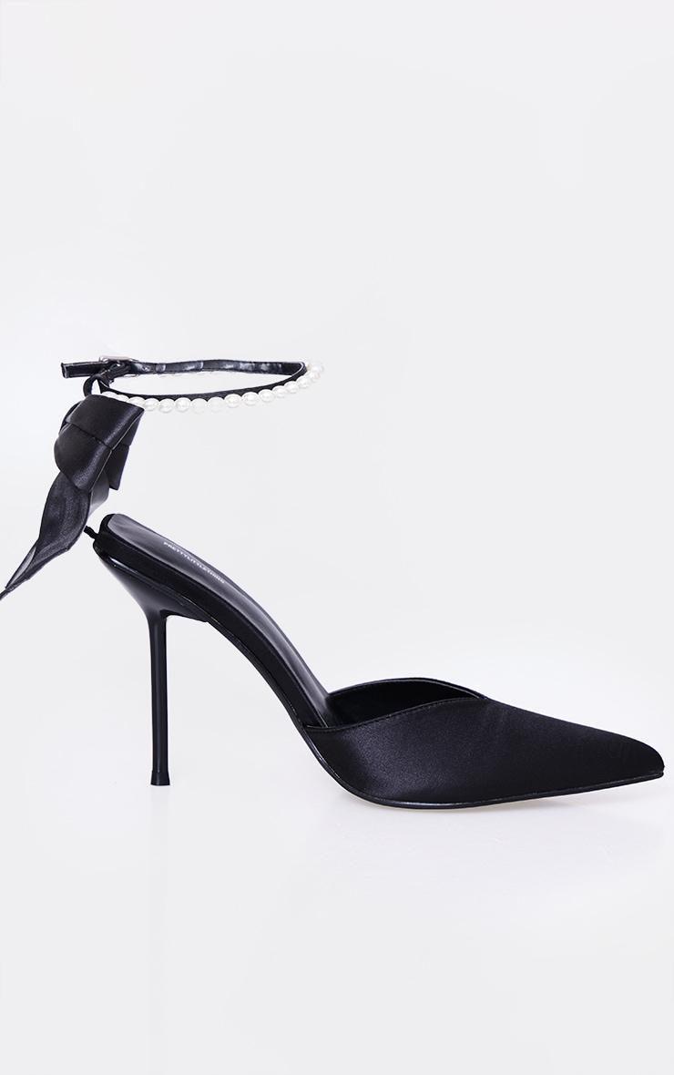 Black Satin Point Toe Pearl Strap Bow High Stiletto Court Heels Product Image