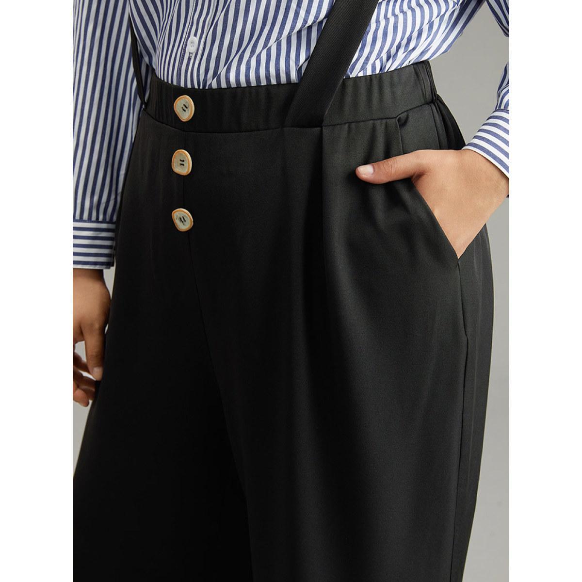 Plus Size Plain Button Detail Pocket Overall Pants Women Black Office Straight Leg High Rise Work Pants BloomChic 26/4X Product Image