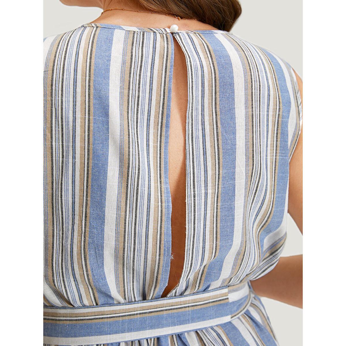 Plus Size Blue Striped Pocket Cut Out Knot Sleeveless Jumpsuit Women Elegant Sleeveless Round Neck Dailywear Loose Jumpsuits BloomChic 26/4X Product Image