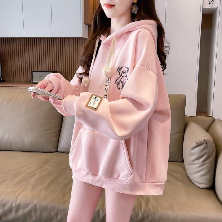 Bear Embroidered Applique Oversized Hoodie Product Image
