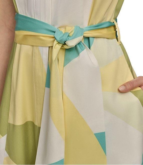 Donna Karan Sateen Button Front Collar Sleeveless Geometric Print Maxi Dress Product Image
