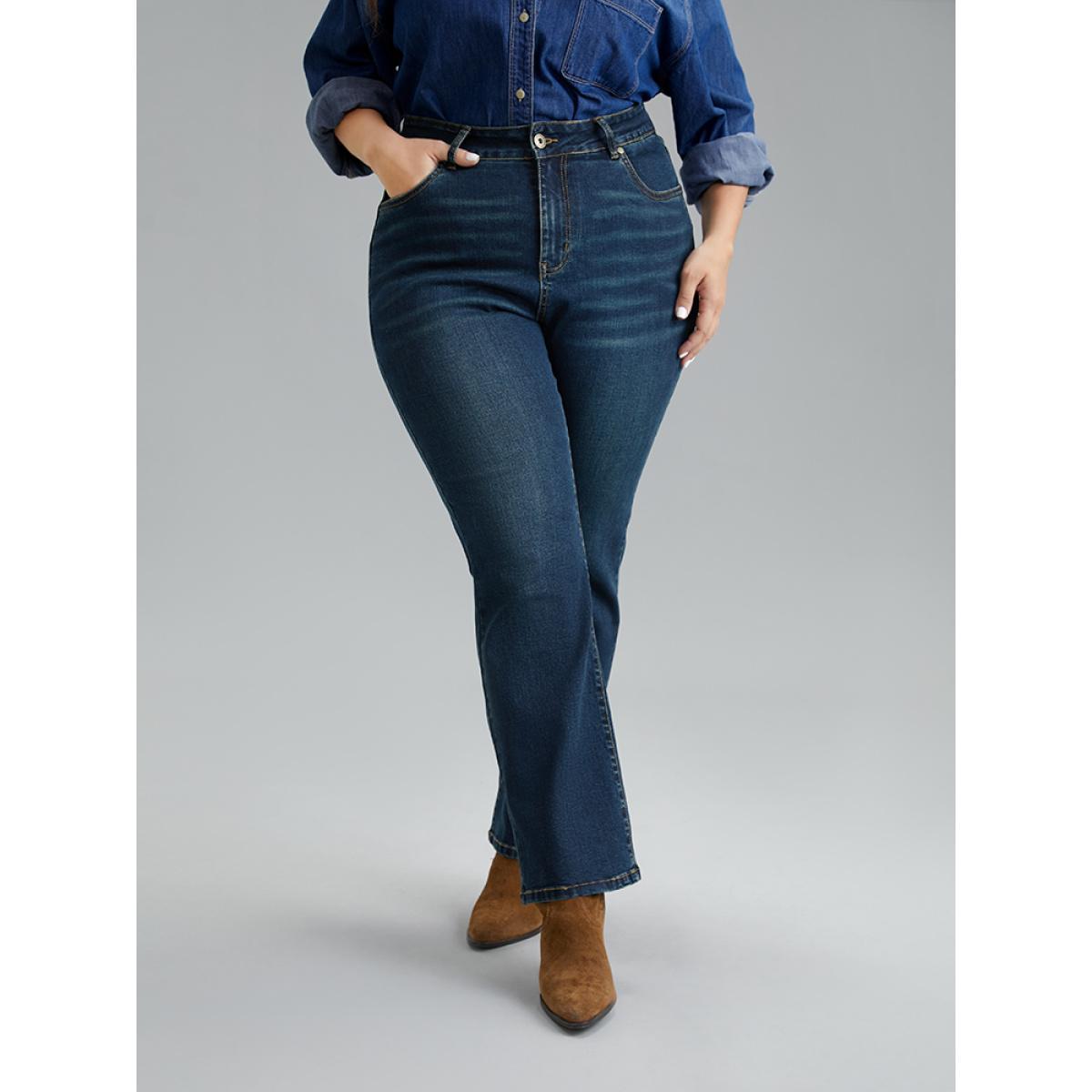 Plus Size Dark Wash Very Stretchy Straight Leg Jeans Women DarkBlue Casual Plain Plain High stretch Pocket Jeans BloomChic 10/M Product Image