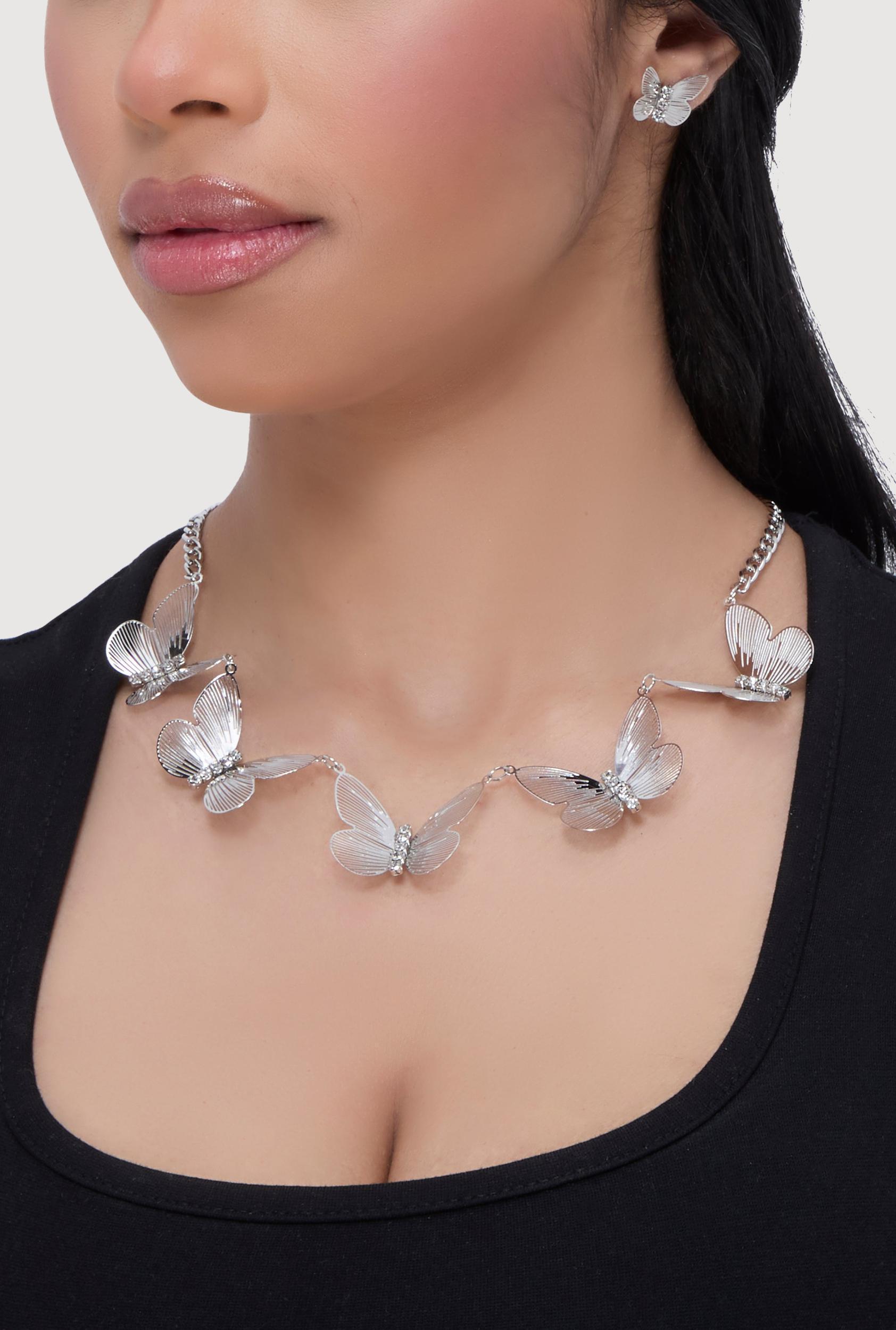Cubic Zirconia Butterfly Chain Necklace and Stud Earrings Female Product Image