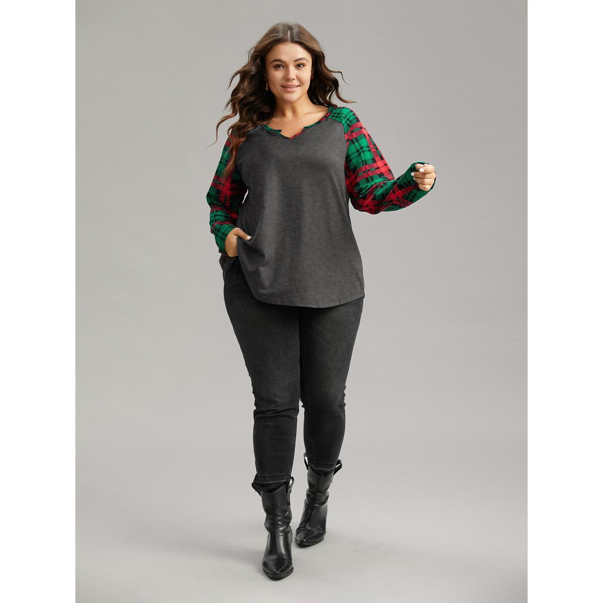Plus Size Plaid Contrast Notched Raglan Sleeve T-shirt Gray Women Casual Contrast Plaid Notched collar Festival-Christmas T-shirts BloomChic 10/M Product Image
