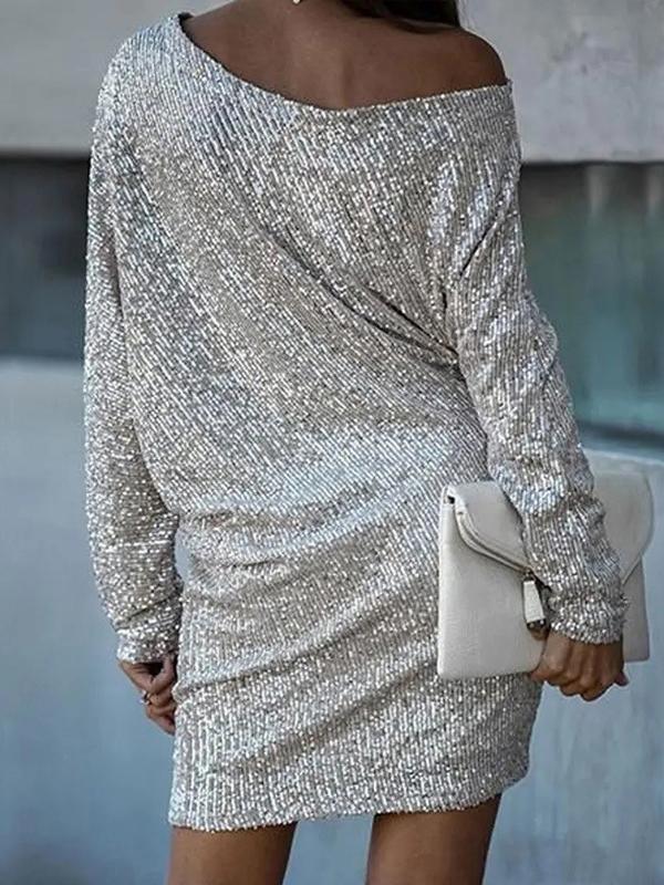 A-Line Loose Asymmetric Sequined Solid Color One-Shoulder Mini Dresses Product Image