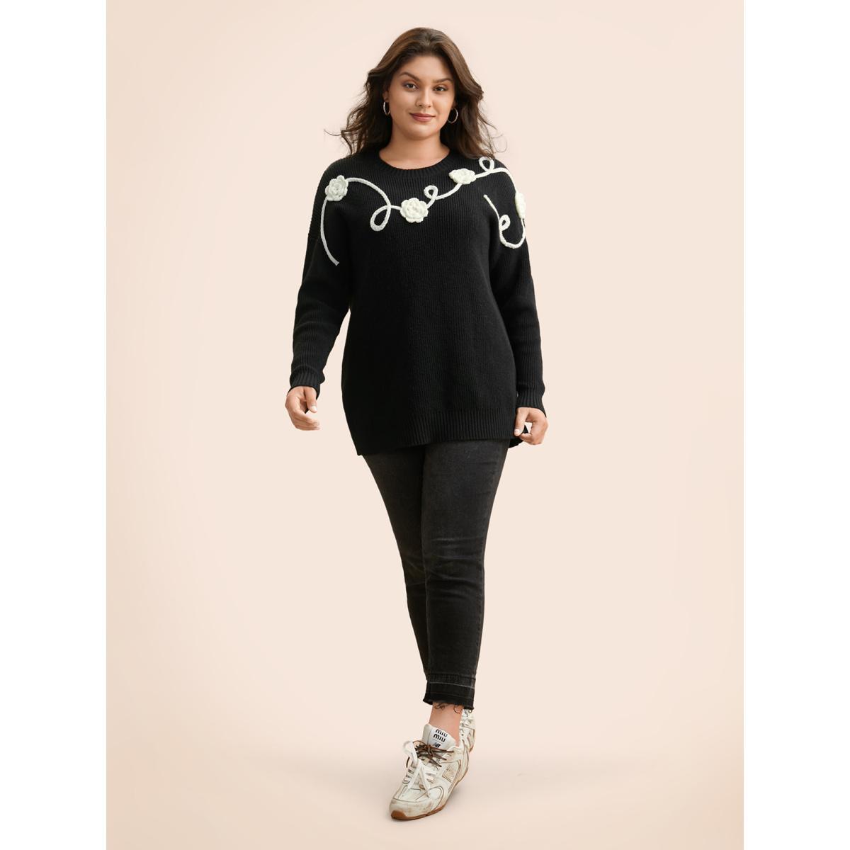 Plus Size Supersoft Essentials Crochet Floral Drop Shoulder Pullover Black Women Casual Loose Long Sleeve Round Neck Everyday Pullovers BloomChic 28/5X Product Image