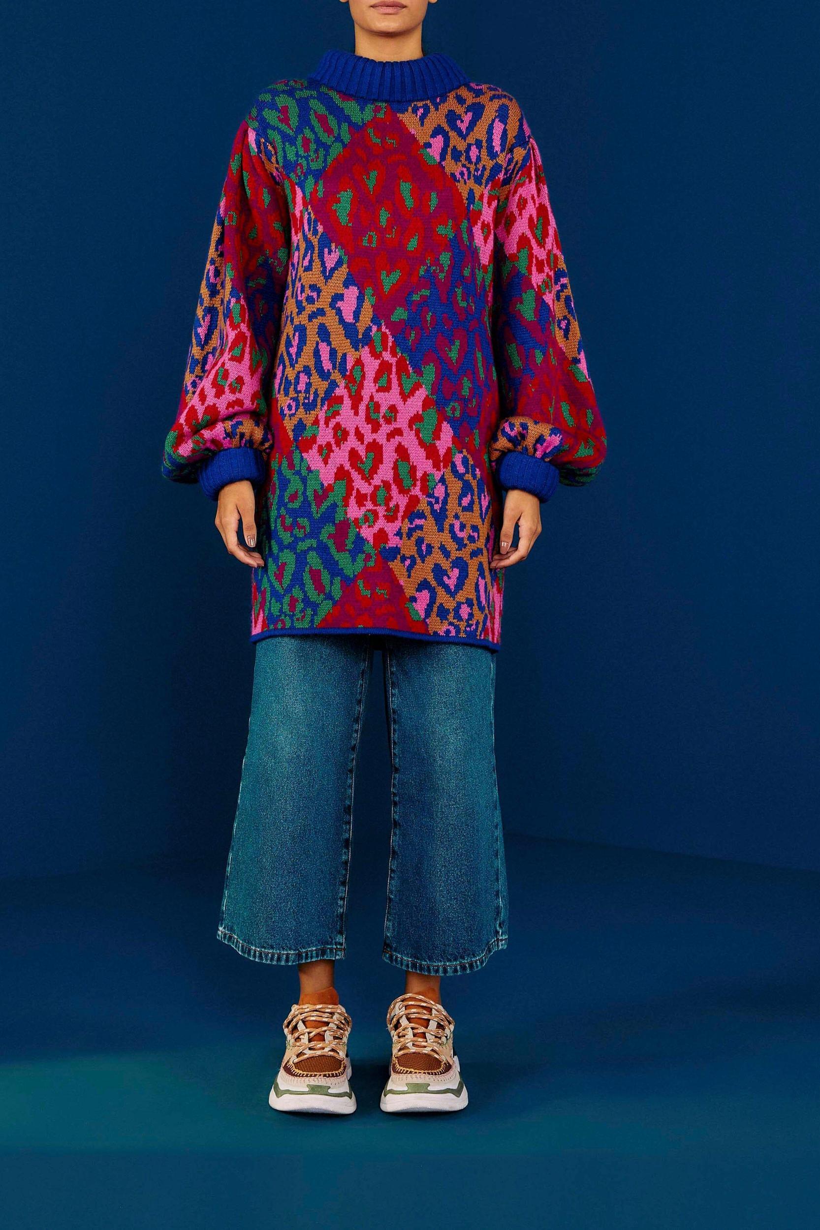 Mixed Leopard Pop Sweater Dress Product Image