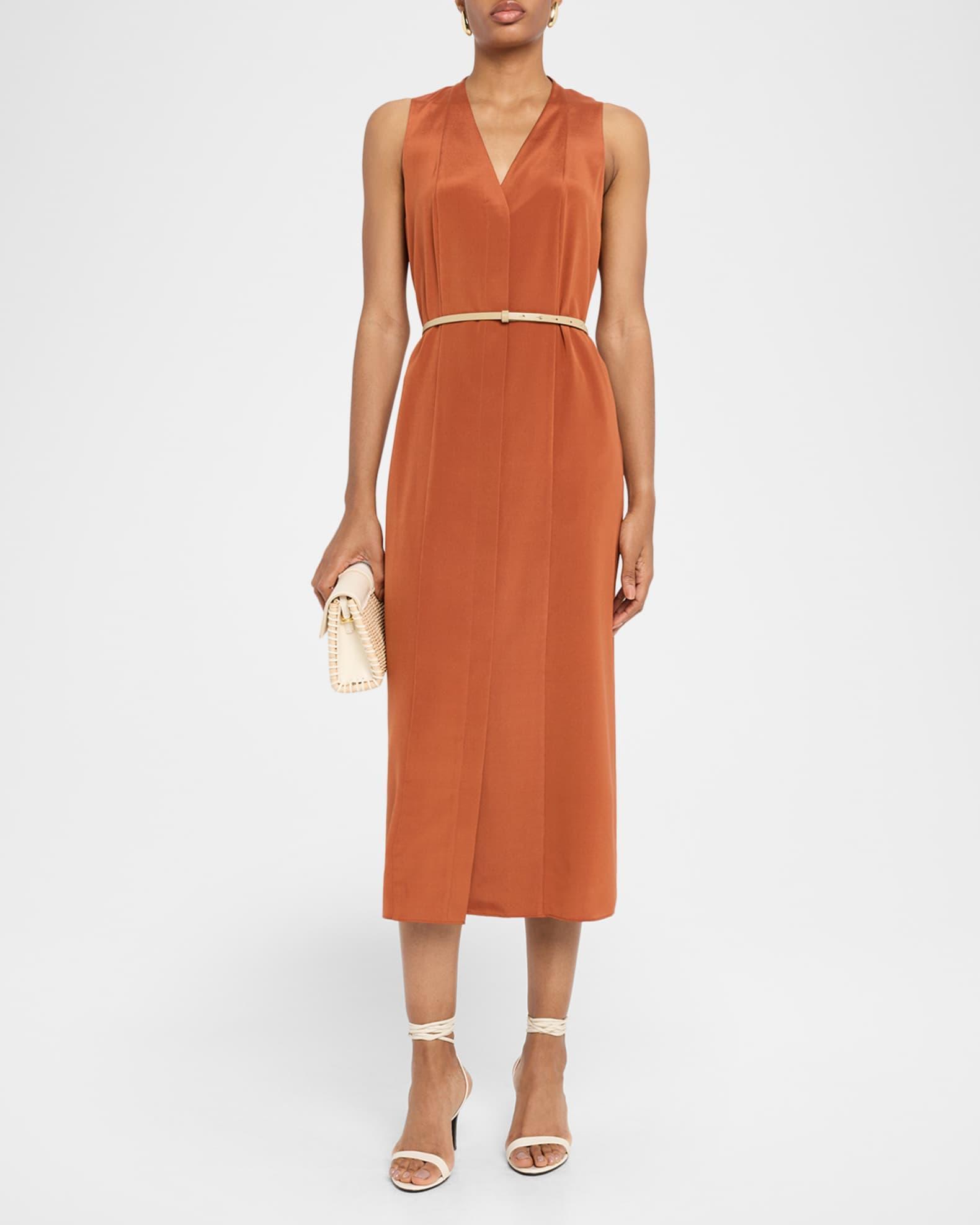 Sleeveless Stretch Silk Midi Dress with Leather Belt Product Image