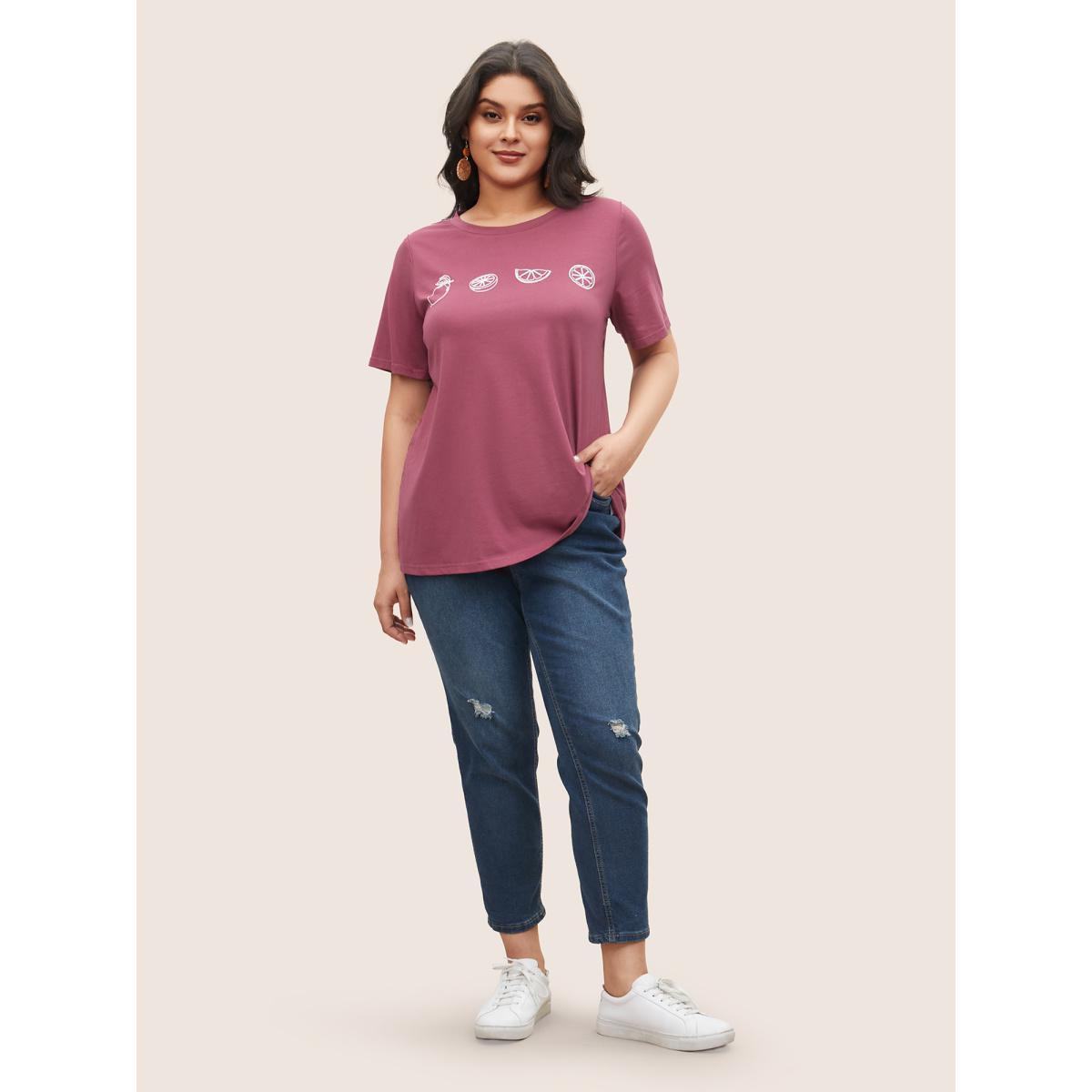 Plus Size Plain Lemon Print Crew Neck T-shirt DustyPink Women Resort Fruit Vacation T-shirts BloomChic 28/5X Product Image