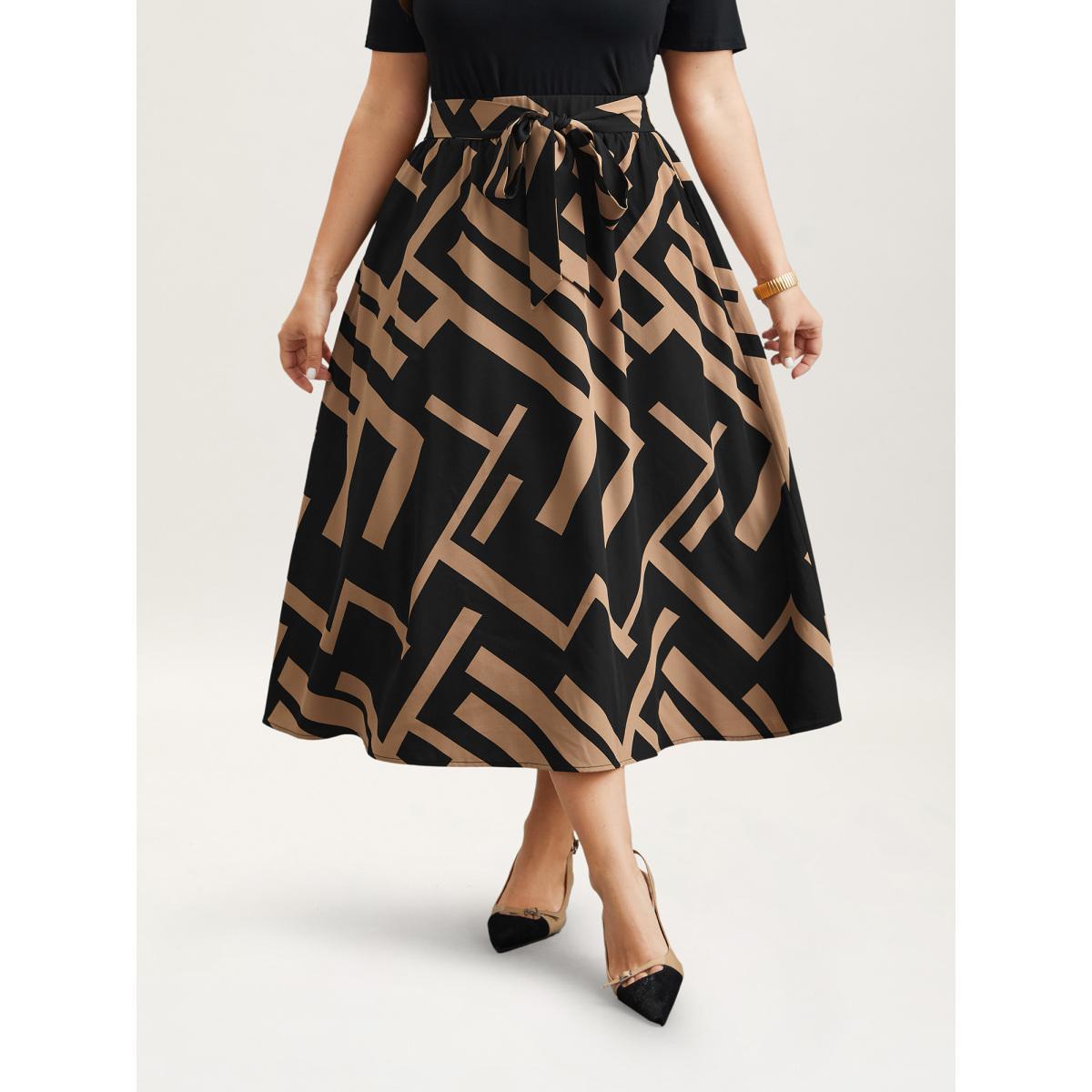 Plus Size Geo Print Colorblock Waist-Tie Skirt Women Tan At the Office Tie knot No stretch Slanted pocket Work Skirts BloomChic 22-24/3X Product Image