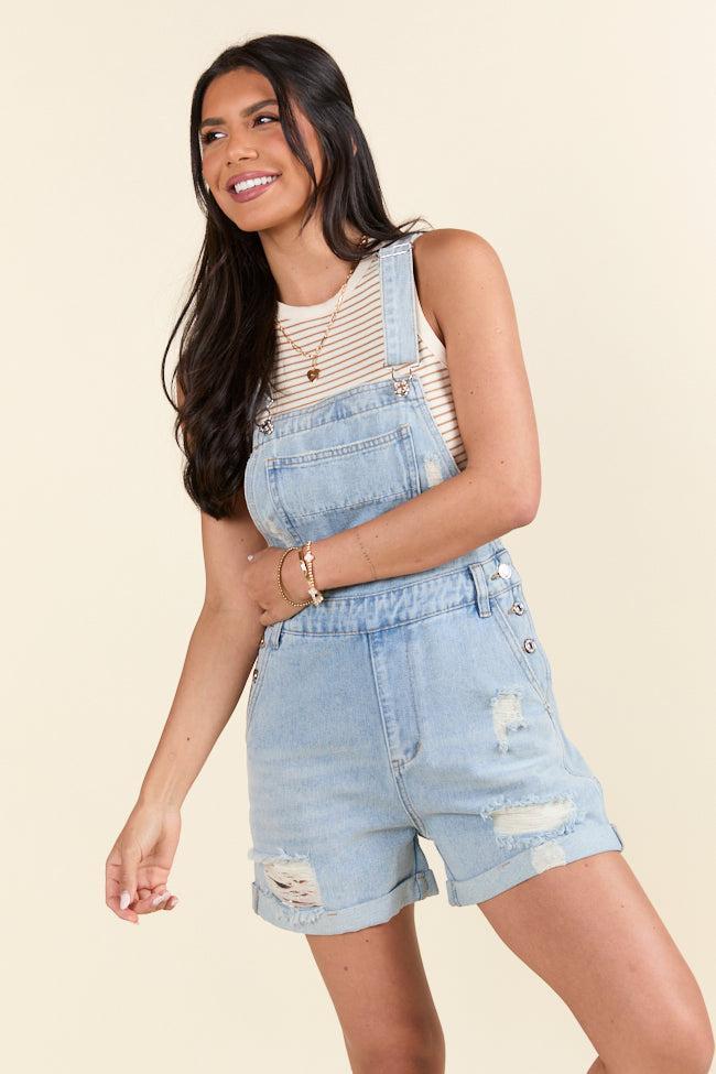 The Amy Jo Medium Wash Distressed Cuffed Overalls Holley Gabrielle X Pink Lily Product Image