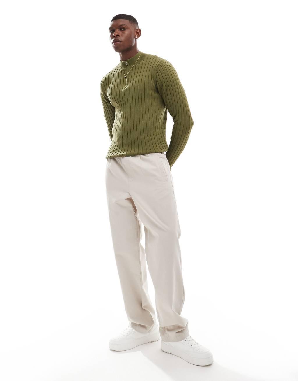 ASOS DESIGN essential muscle fit rib knit 1/2 zip sweater in khaki Product Image