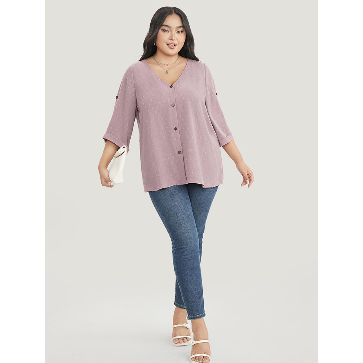 Plus Size Mauve Polka Dot V Neck Button Detail Cuffed Sleeve Blouse Women Office Elbow-length sleeve V-neck Work Blouses BloomChic 22-24/3X Product Image