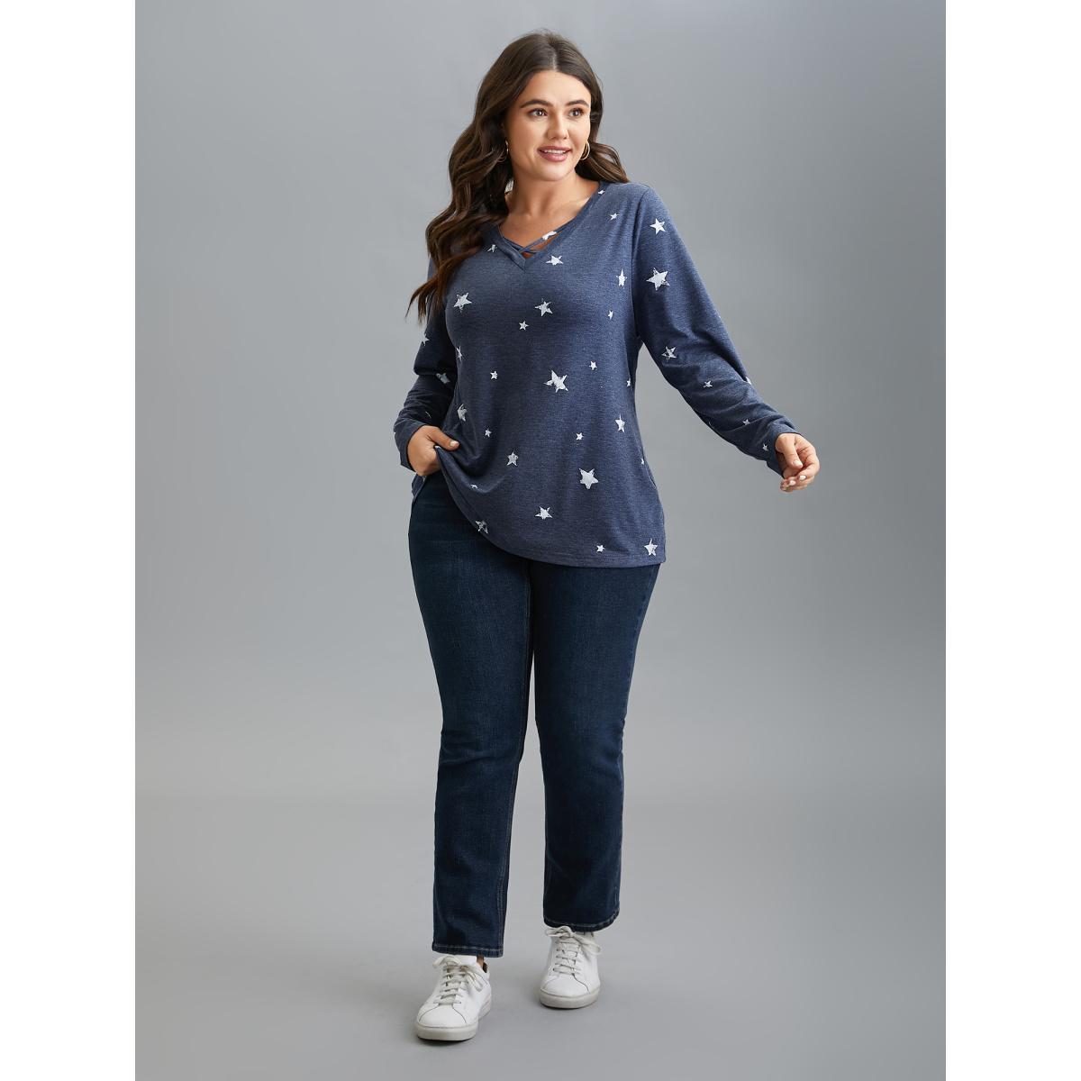 Plus Size Star Print Crisscross Cut-Out T-Shirt Indigo Women Casual Cut-Out Star and moon V-neck Everyday T-shirts BloomChic 18-20/2X Product Image