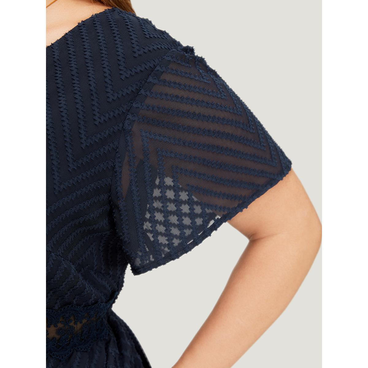 Plus Size Plain Geometric Pocket Wrap Mesh Lace Insert Ruffle Dress Indigo Women Elegant Lined V-neck Short sleeve Curvy Knee Dress BloomChic 18-20/2X Product Image