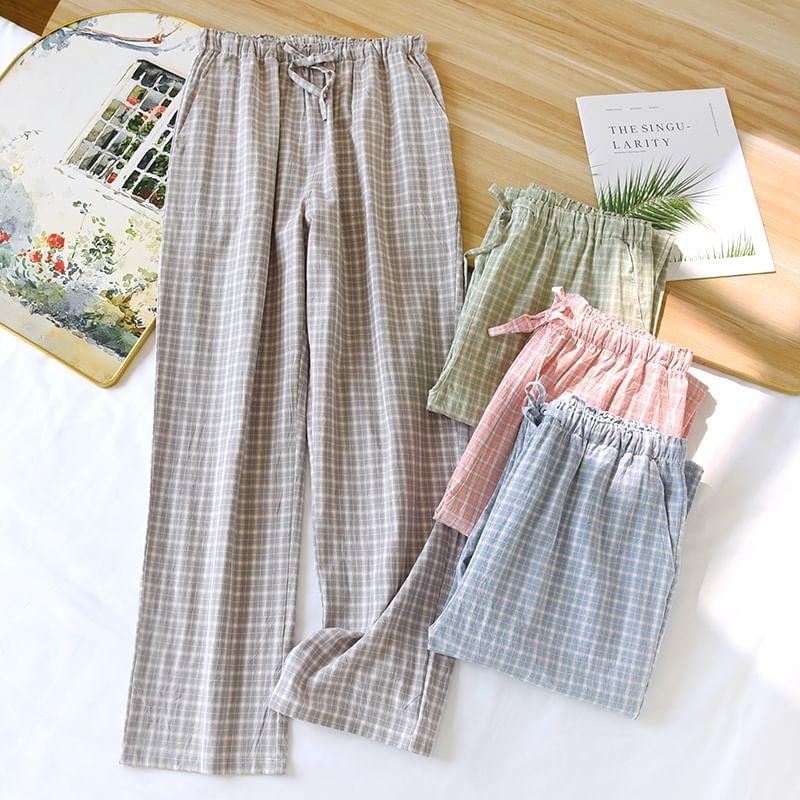 Couple Matching Drawstring Waist Plaid Straight Leg Pajama Pants (Various Designs) Product Image