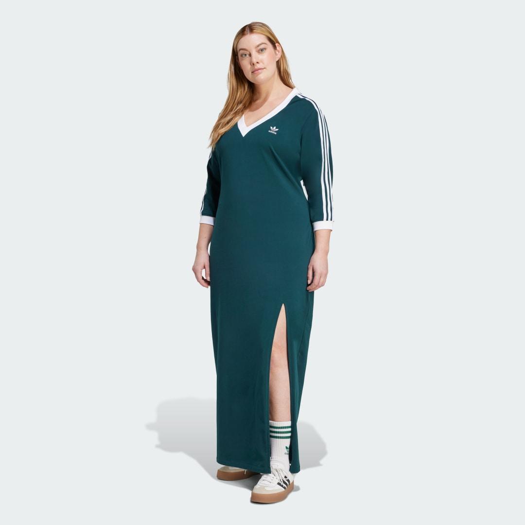 adidas Adicolor Classics 3-Stripes V-Neck Maxi Dress (Plus Size) Semi Lucid Fuchsia 3X Womens Product Image