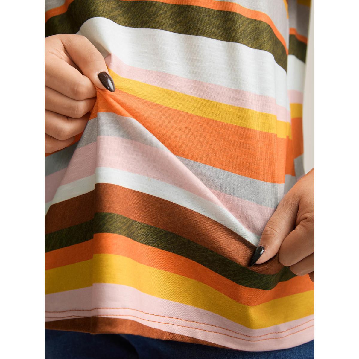 Plus Size Bamboo Stretchy Colorful Stripes T-Shirt Multicolor Women Contrast V-neck Everyday-Casual T-shirts BloomChic 12/L Product Image