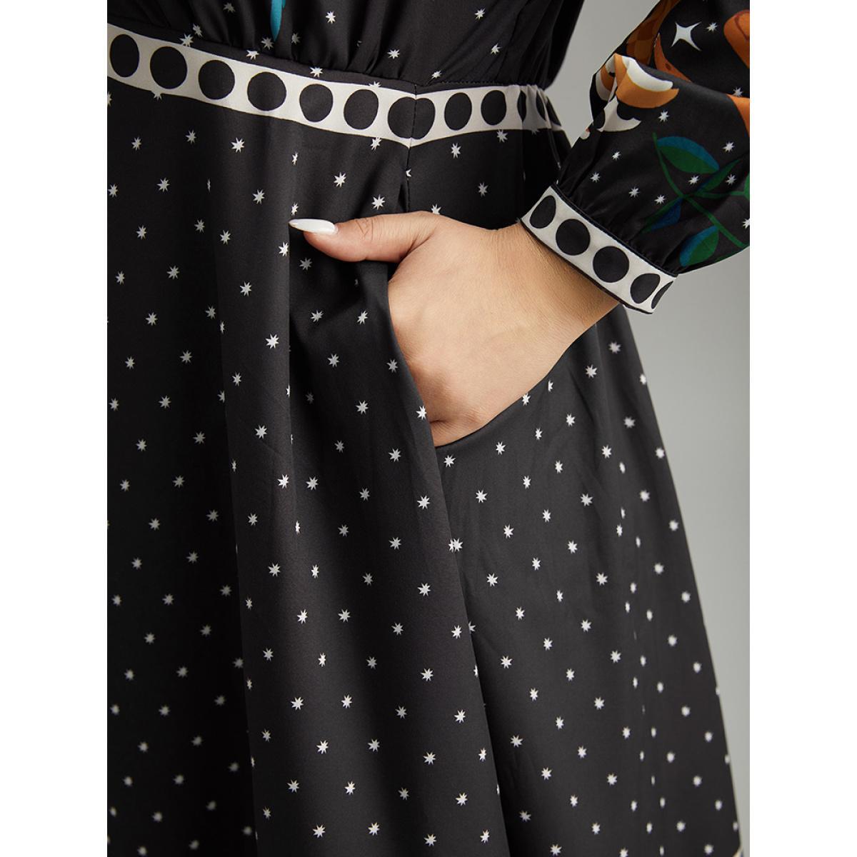 Plus Size Bandana Print Lantern Sleeve Ruffle Hem Dress Black Women Resort Printed V-neck Long Sleeve Curvy Midi Dress BloomChic 18-20/2X Product Image