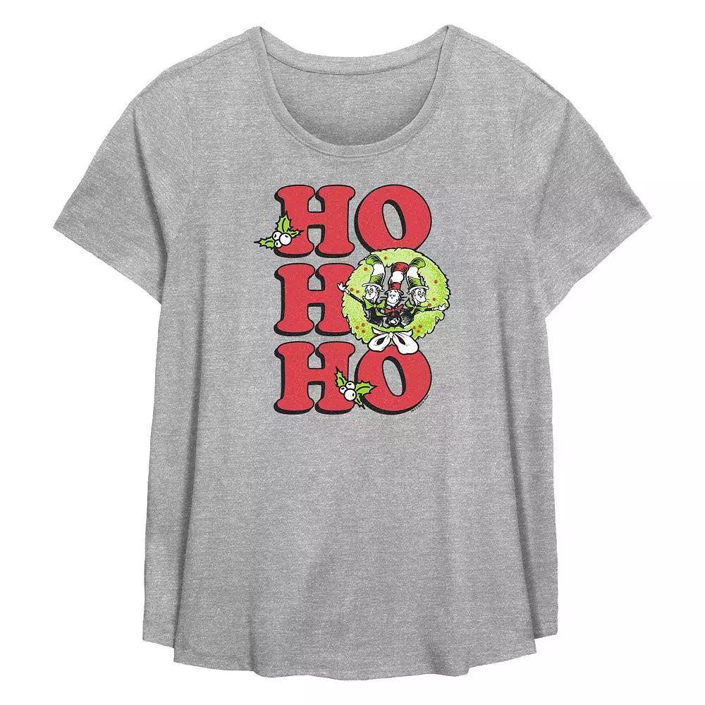 Plus Size Dr. Seuss The Cat In The Hat Christmas Wreath Ho Ho Ho Flowy Graphic Tee, Women's, Size: 2XL, Grey Gray Product Image