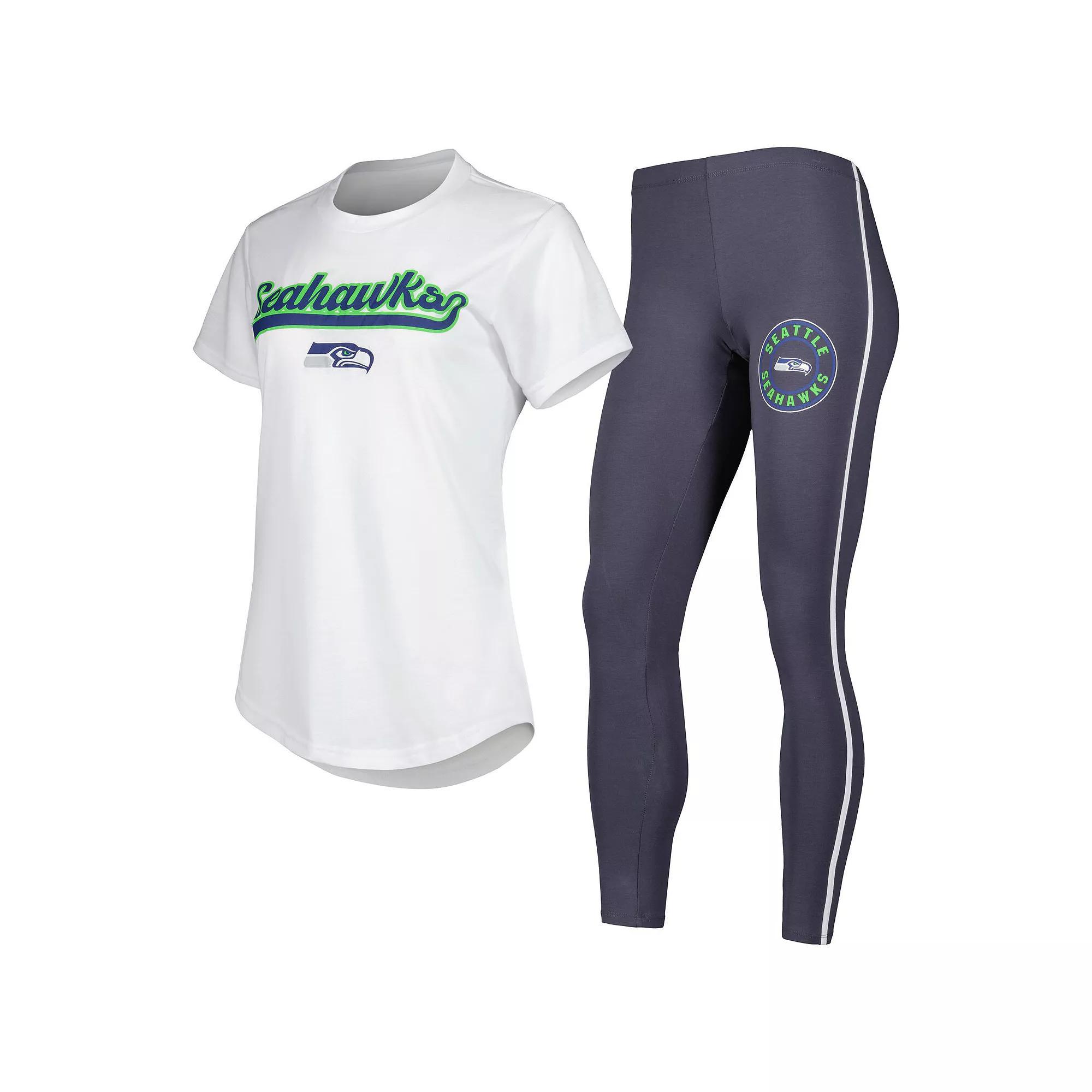 Women's Concepts Sport White/Charcoal Seattle Seahawks Sonata T-Shirt & Leggings Sleep Set, Size: Medium Product Image