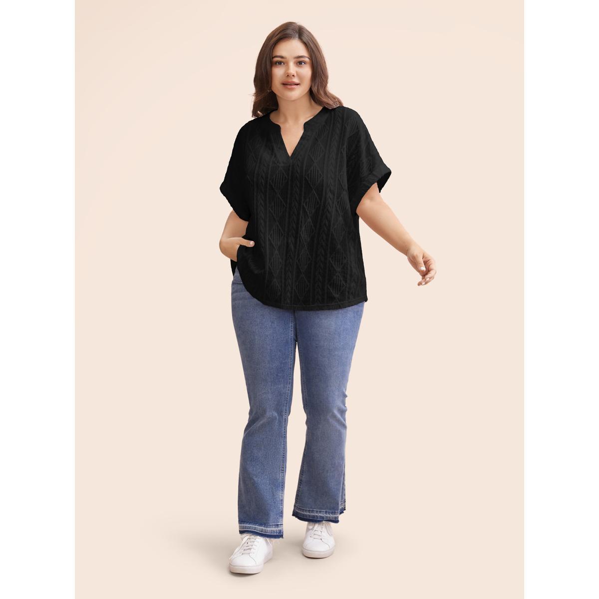 Plus Size Plain Jacquard Notched Dolman Sleeve T-shirt Black Women Elegant Texture Flat collar with V-notch Everyday T-shirts BloomChic 22-24/3X Product Image