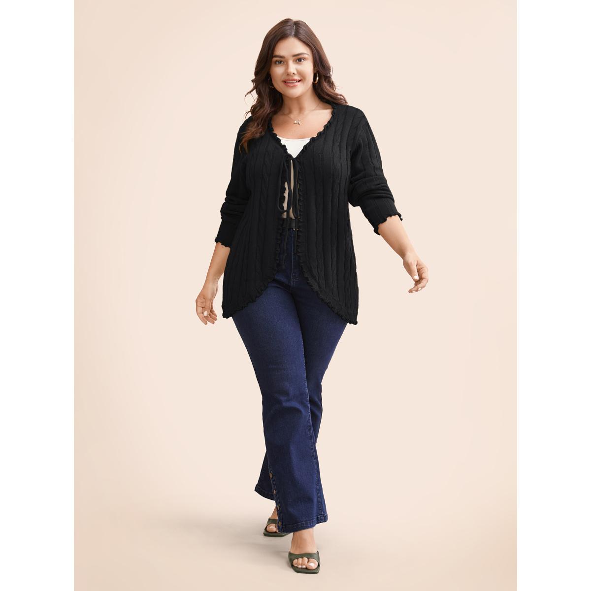 Plus Size Cable Knit Tie Knot Frill Trim Cardigan Black Women Casual Loose Long Sleeve Everyday Cardigans BloomChic 10/M Product Image