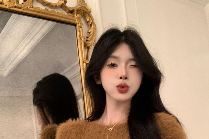 Long-Sleeve Crew Neck Plain Fluffy Crop Knit Top / High Rise Color Block Midi Pencil Skirt Product Image