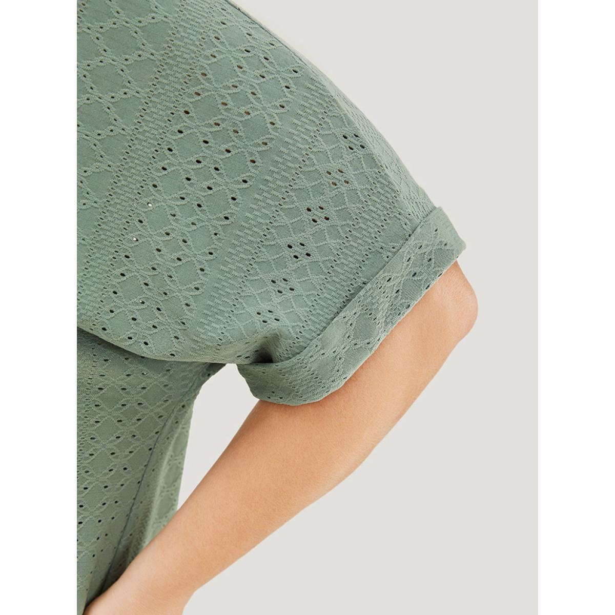 Plus Size Plain Roll Sleeve Broderie Anglaise T-shirt Sage Women Casual Broderie anglaise Plain V-neck Dailywear T-shirts BloomChic 12/L Product Image