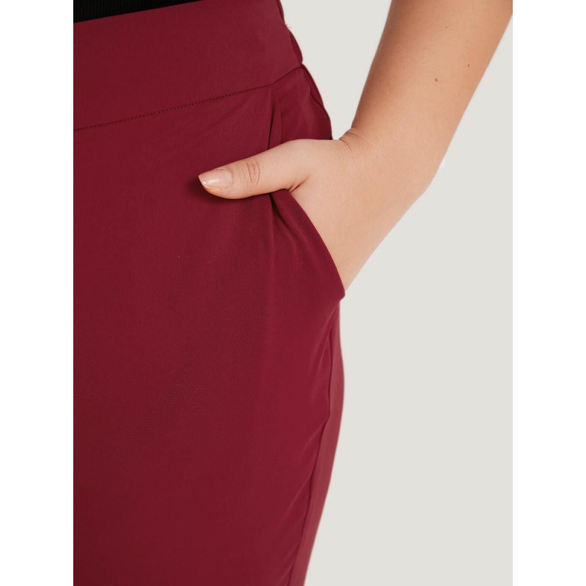 Plus Size Solid Button Detail Slant Pocket High Rise Pants Women Scarlet Office Straight Leg High Rise Work Pants BloomChic 12/L Product Image