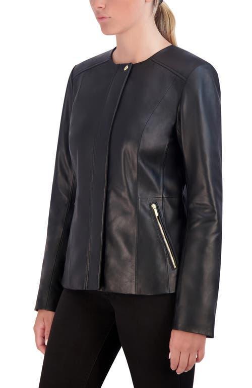 Cole Haan Collarless Full Zip Long Sleeve Leather Moto Jacket Product Image